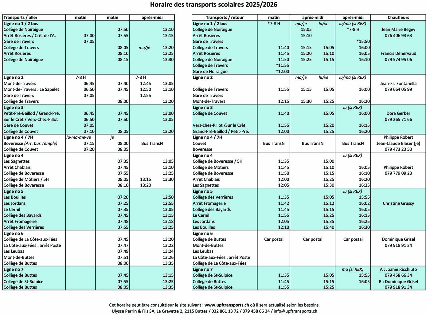 UPF Transports - Horaire 2025-2026