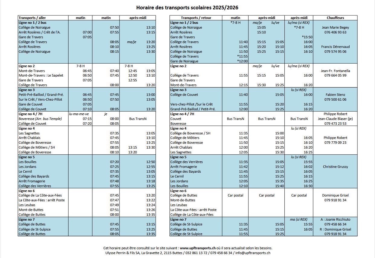 UPF Transports - Horaire 2025-2026
