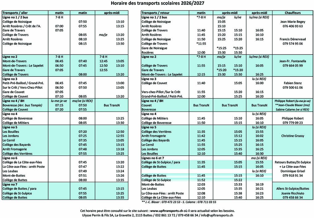 UPF Transports - Horaire 2026-2027